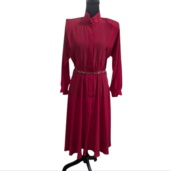 Vintage Alain Toussaint Red Midi Dress Long Sleeve Button Front Belted 6P - Picture 8 of 15